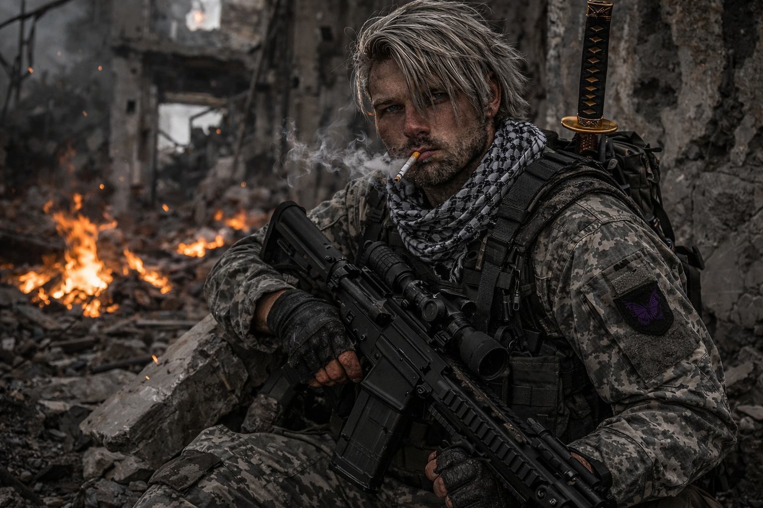 Portrait de Kael Draven dans un environnement en ruines.